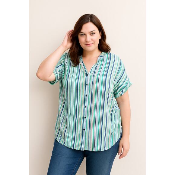 2/$30 Catherines Plus Petite 1X Striped Button‑Front Blouse Women Green Blue - Picture 1 of 9